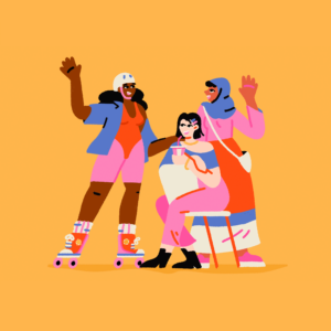 3 illustrated women waving to the camera.