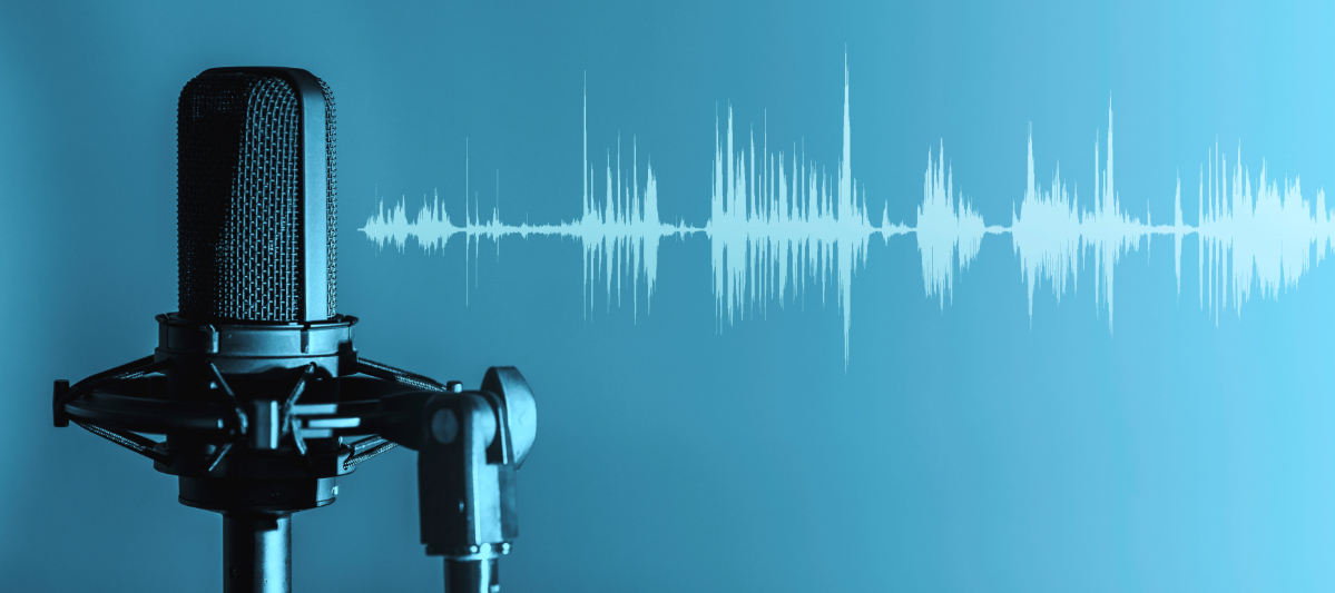 Microphone and soundwave on a blue background.