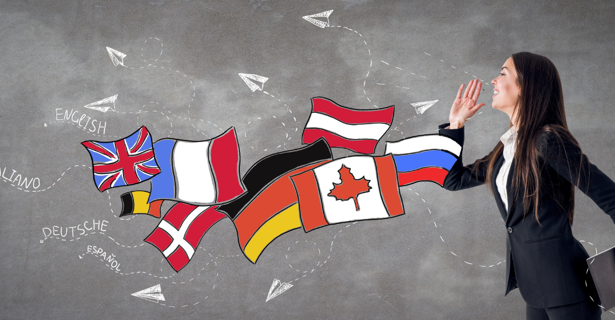 A woman communicating via world flags to represent translated speech. 