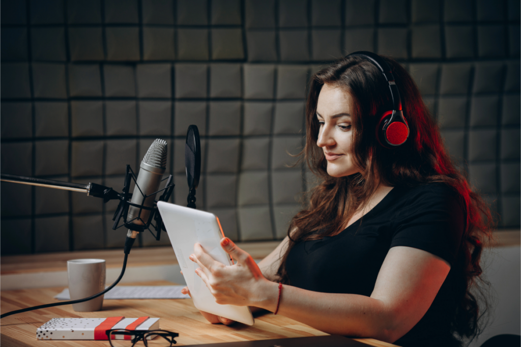 Voice actor working remotely from their home studio. 