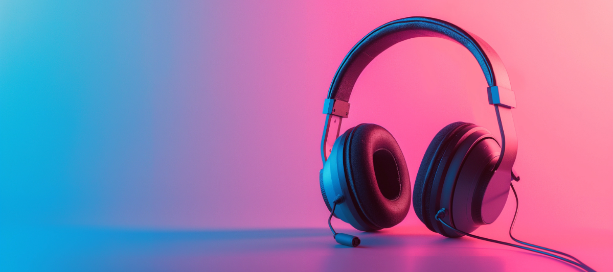 Headphones with a blue and pink background