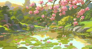 Still from the film Little Amelie. Amelie looks out at a beautiful Japanese landscape 